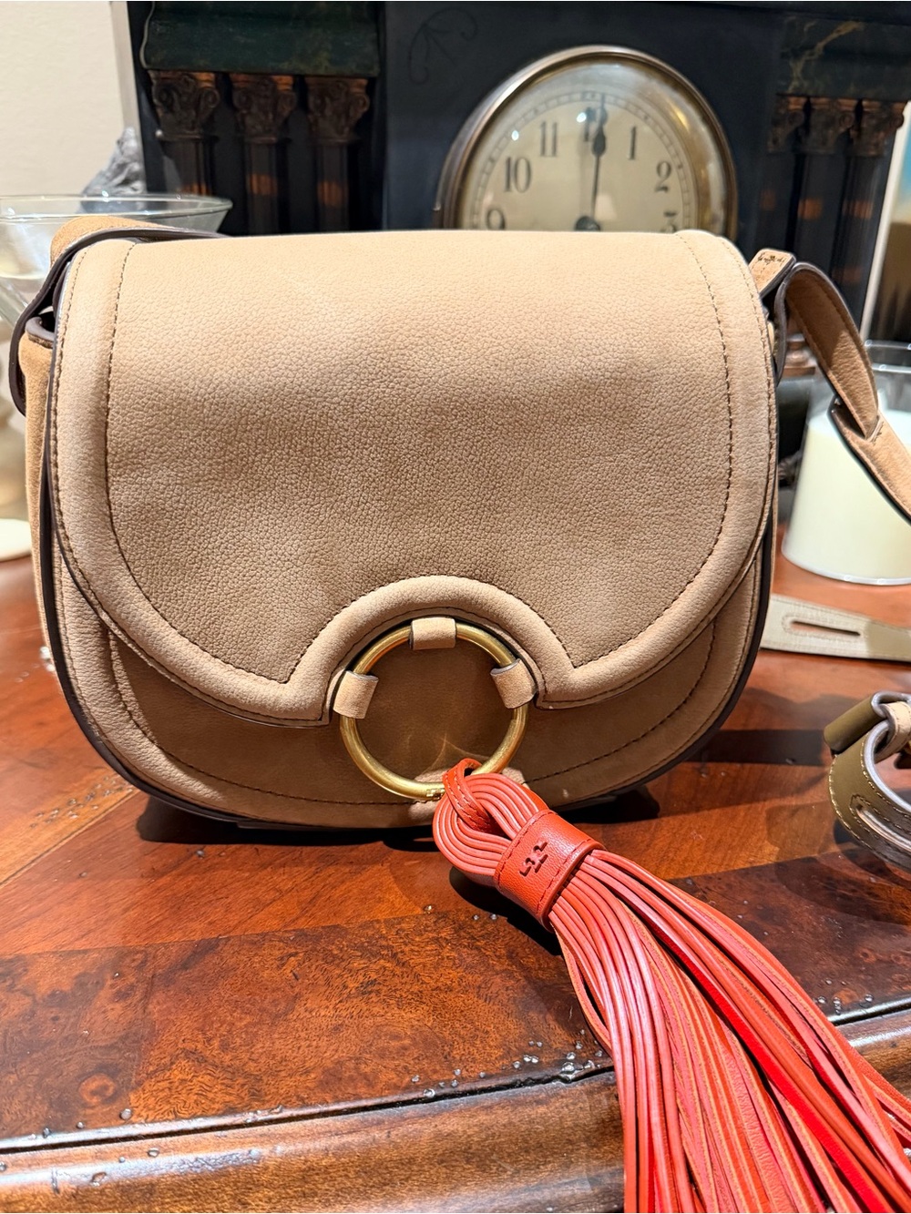 Tory Burch River Rock Mini Leather Bag Tan Suede Saddle Crossbody w/ Red Tassel - Picture 2 of 7